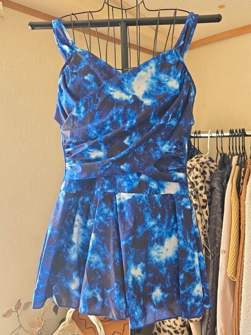Zando Blue Tie Dye Swim Dress One Piece Swimsuit Ruched NWOT Tummy Control